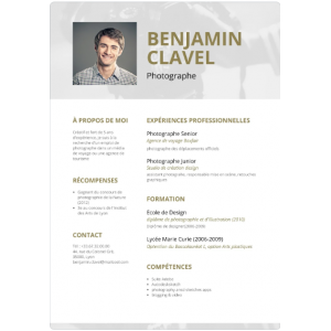 CV photographe minimaliste blanc et doré rendu final format PDF 