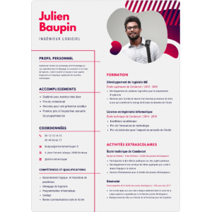 Rouge Résumé Ingénieur Logiciel CV rendu final format PDF 