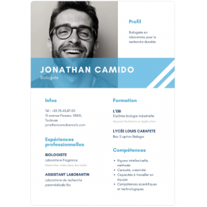 CV moderne graphique bleu rendu final format PDF 